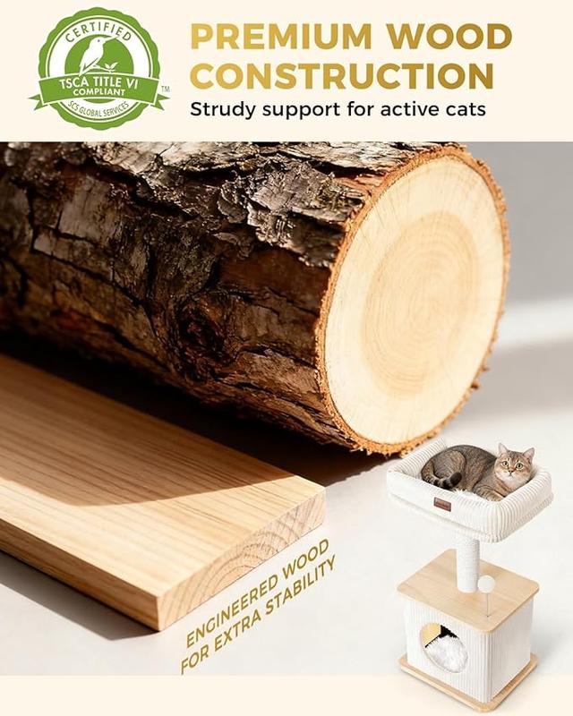 Cat Tree for Indoor Cats | Wooden Cat Tower with Sisal Scratching Posts, Padded Beds & Multi-Level Design（(Up to 10 lbs)）
