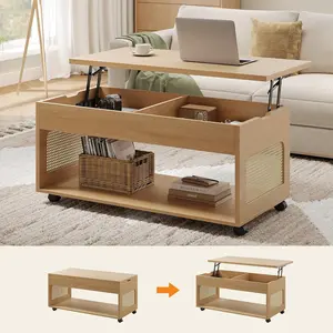 Sikaic Lift Top Coffee Table with Storage, Boho Rattan Convertible Coffee Tables with Lockable Wheels, Hidden Compartment and Open Shelf, Center Table for Living Room, Bedroom, Dining Room, Natural