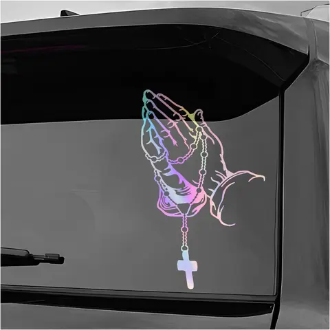RAVOONY 1pc Reflective Laser Vinyl Universal Car Sticker - 7x4.3in Coverage, Praying Hands Cross Rosary Gesture, Waterproof, Peel-and-Stick, Easy-Application for Vehicles, Exterior Decoration, Stylish Car Merch Accessory