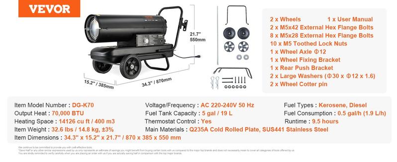 VEVOR Kerosene Forced Air Heater, 70000 BTU Portable Torpedo Diesel Space Heater with Thermostat, 5 Gallon Tank Energy-Efficient heavy-duty Heater, for Indoor Outdoor Use Workshop Industry