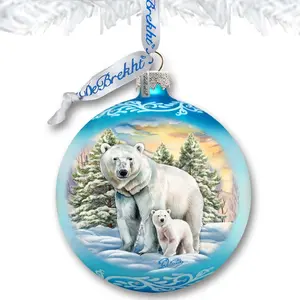 Designocracy 73386 3 x 3.5 in. Wildlife Holiday Polar Bear with Cub Ball Glass Ornament Decor