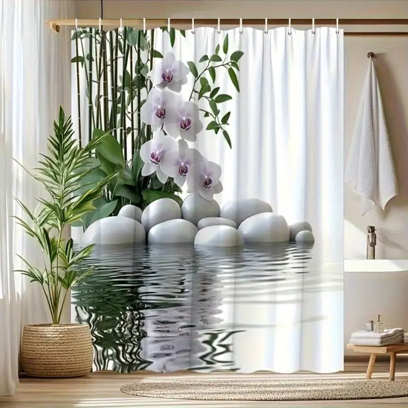 Polyester Zen-Style Straight Shower Curtain with White Stones & Orchid Geometric Print, Machine-Wash, Hanging Bathroom Home Decor with Hooks
