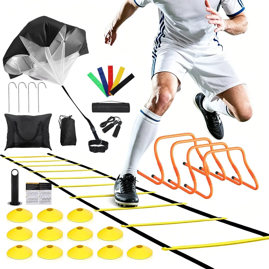 Agility Ladder Training Set 20ft 12 Rungs Speed Ladder with 12 Disc Cones 4 Adjustable Hurdles Resistance Parachute Jump Rope 5 Resistance Bands Soccer Training Equipment for Footwork Speed Agility Drills Kids Athletes Backyard Practice Train Like a Pro
