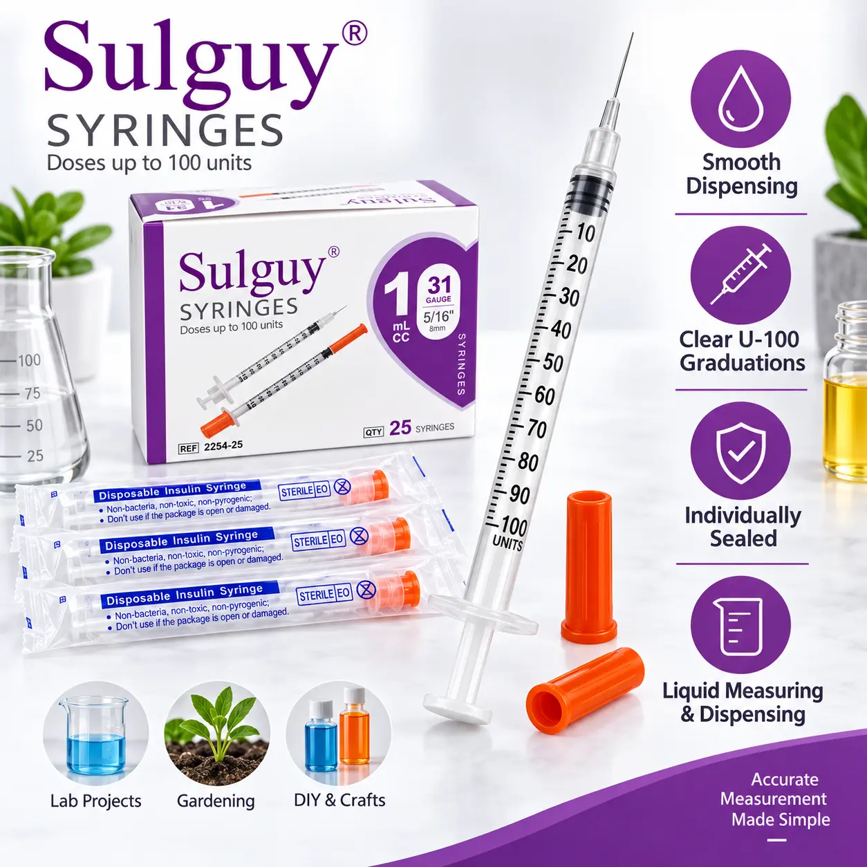 25 Pack Sulguy 1ml 31G Syringes with Needles, Individually Sealed, Ultra-Fine U-100 Disposable Syringes, Single-Use, Sterile, for Home, Lab & Outdoor Use