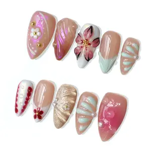 PG57 Blushing Belle Press on Nails|100% 3D Handmade Acrylic | Almond Shape | Reusable& Long lasting Salon Quality | Elegant Daily & Daily Wear