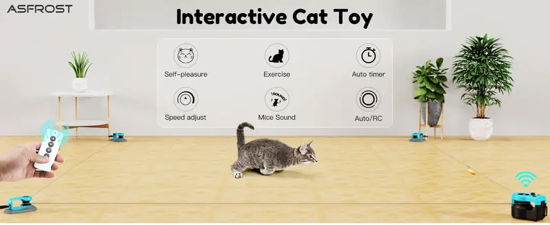 AsFrost Automatic Interactive Cat Teaser Toy - Hands-Free Indoor Accessory with Remote, Adjust Speed, 2pcs Feather/DIY String/1500-3000 rpm Moving Mouse Lure, 3 Clips, USB-C Rechargeable for Bored Kittens, Non-Toxic stuff anti-slip design, Feather Pattern