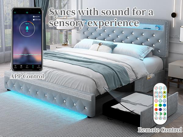 Sibeds Queen LED Bed Frame with 2 Storage Drawers, Adjustable Crystal Tufted Headboard, No Box Spring Needed, Upholstered in PU Leather or Velvet, Black/White/Beige/Gray