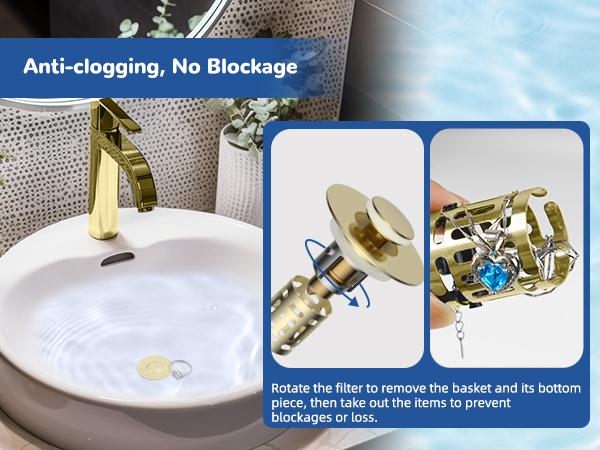 Hibbent Upgraded 3 in 1 Bathroom Sink Drain Strainer, Universal Pop Up Stopper with Removable Stainless Steel Filter Basket Hair Catcher, Sink Plug for 1.1''~2.36'' Basin, Brass Core, Brushed Gold Hibbent Upgraded 3 in 1 Bathroom Sink Drain Strainer, Universal Pop Up Stopper with Removable Stainless Steel Filter Basket Hair Catcher, Sink Plug for 1.1''~2.36'' Basin, Brass Core, Brushed Gold