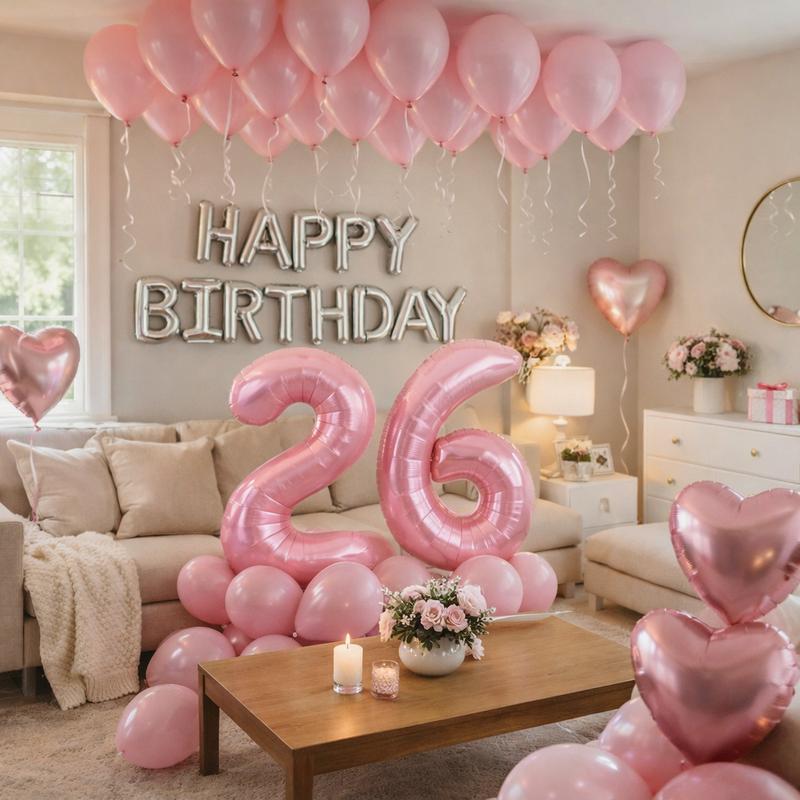 Pink & Silver Balloon Garland Birthday Set, Includes 40inch Foil Number Balloons, Pink Rose Petals, Suitable For 16th, 18th, 20th, 21st, 25th, 30th, 35th, 45th Birthday Party Decoration