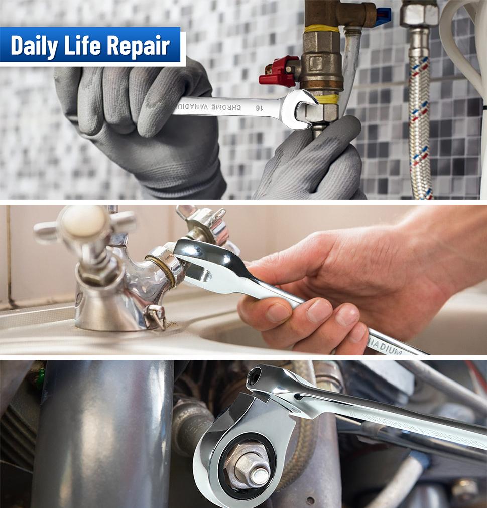 Ratcheting Wrench Set Flex Head, 12 Piece Metric Combination Ratchet Wrench kit, 8mm - 19mm Chrome Vanadium Steel Wrenches,Gift