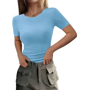 PrettyGarden Women Summer Crew Neck Short Sleeve Tops Ribbed Knit Slim Fit Fashion Basic Tee Shirts Casual Going Out Top[T-shirts]