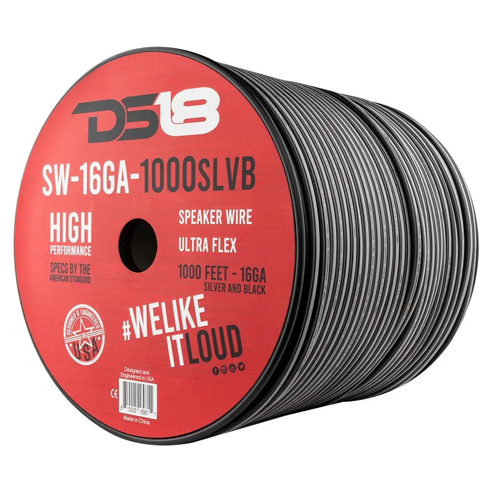DS18 16-Gauge Aluminium-Clad Speaker Cable, 1000 ft Silver-Black Wire Accessory for Automotive & Motorcycle Vehicles