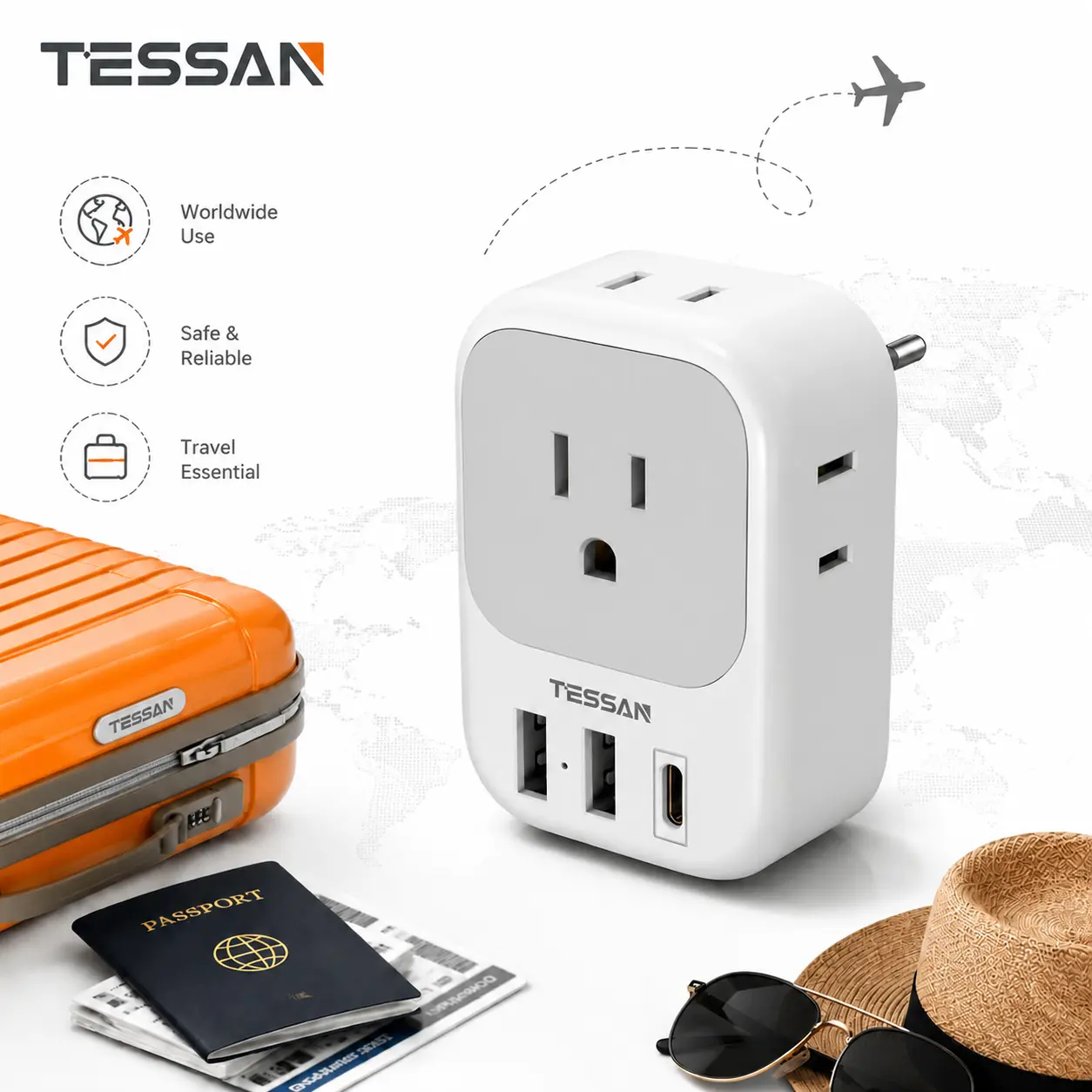 TESSAN Rectangle Universal Socket Travel Plug Adapter - Multiple Outlet Wall Plug, 4 AC Outlets, 3 USB Ports (1 USB-C), 100-250V, for Europe, UK, Australia