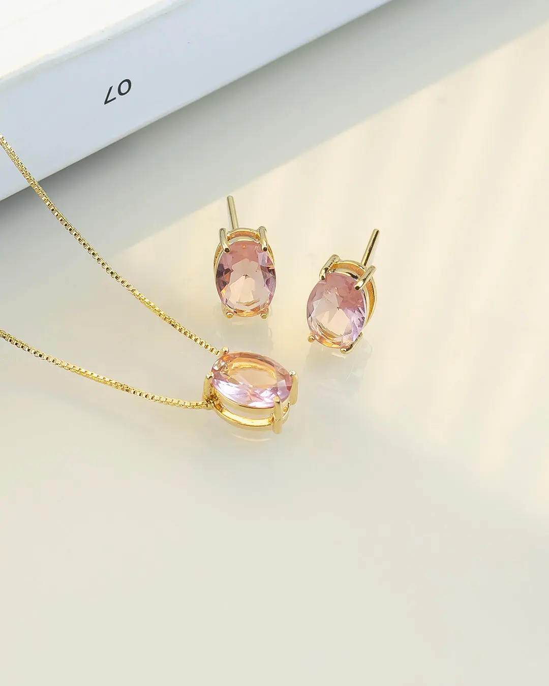 Small Luxury Oval Pink Necklace & Earring Set - Nickel-Free 18k Gold Plated Jewelry for Sensitive Skin Comfort