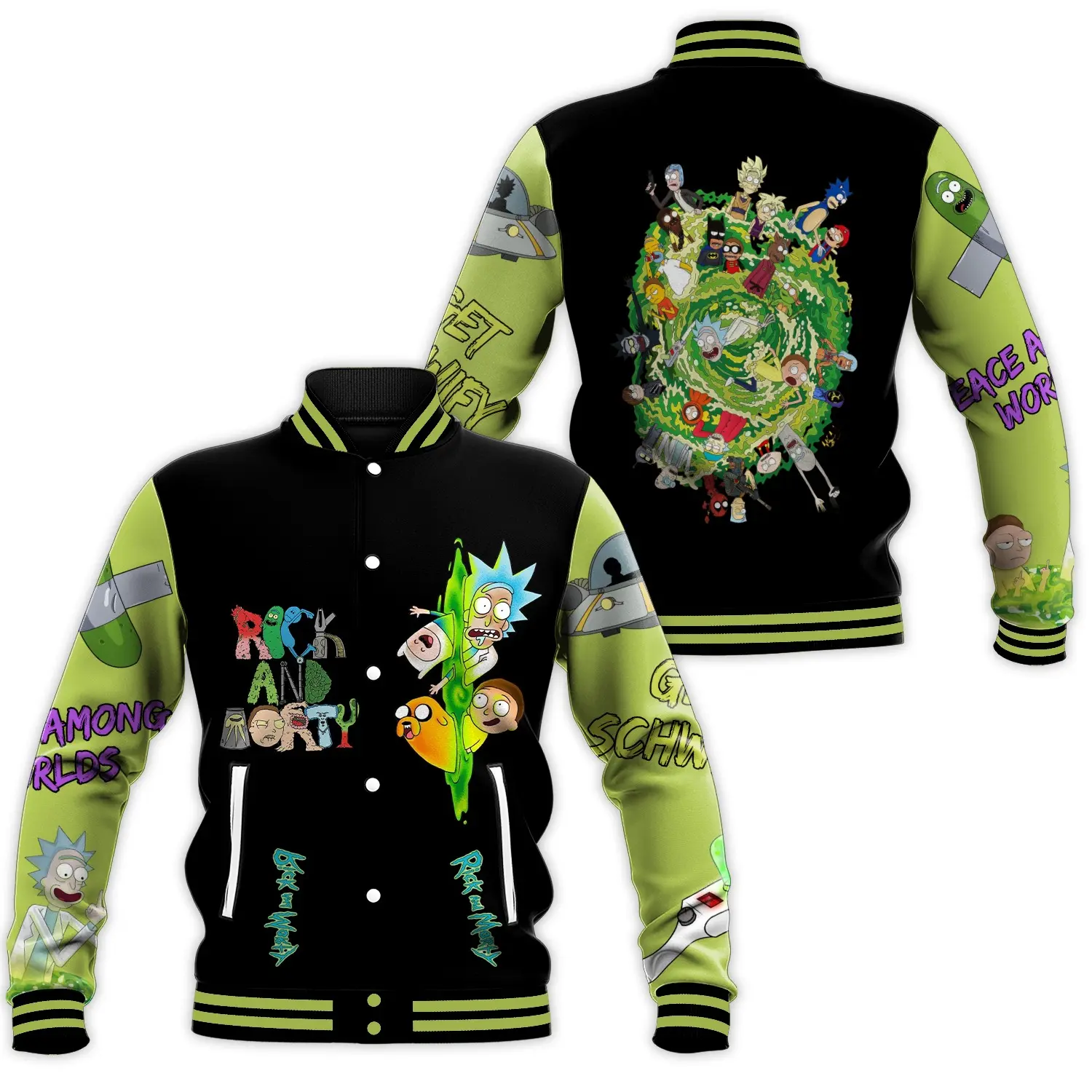 Stylish Varsity Jacket Baseball Jacket Rick And Morty Green Space Portal Sci Fi Cartoon Graphic Flying Saucer Print Casual Loose Fit Outerwear Coat Spring Fall Winter Outfit Apparel