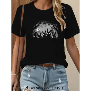 100% Cotton Casual Black T-Shirt with Creepy Cute Bunny Rabbits – Unisex Alt Goth Style