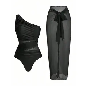 Women's Black Solid Ruched Mesh Panel One-Piece Swimsuit With Sarong Skirt For Summer Beach Vacation Spring Statements