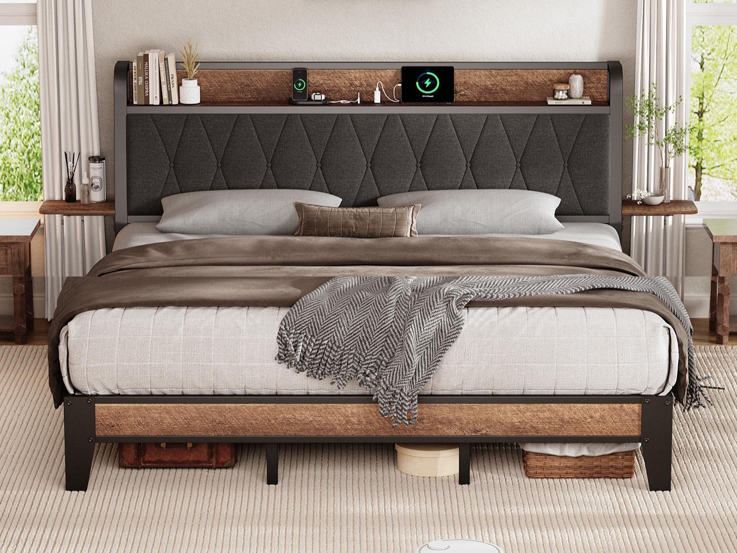 【SPOTLIGHT DAY】ONBRILL Bed Frame with Side Storage Shelf, Ergonomic Upholstered Headboard with Charging Station, King Platform Bed Frame, Metal Slats Support, No Box Spring Needed, Easy Assembly