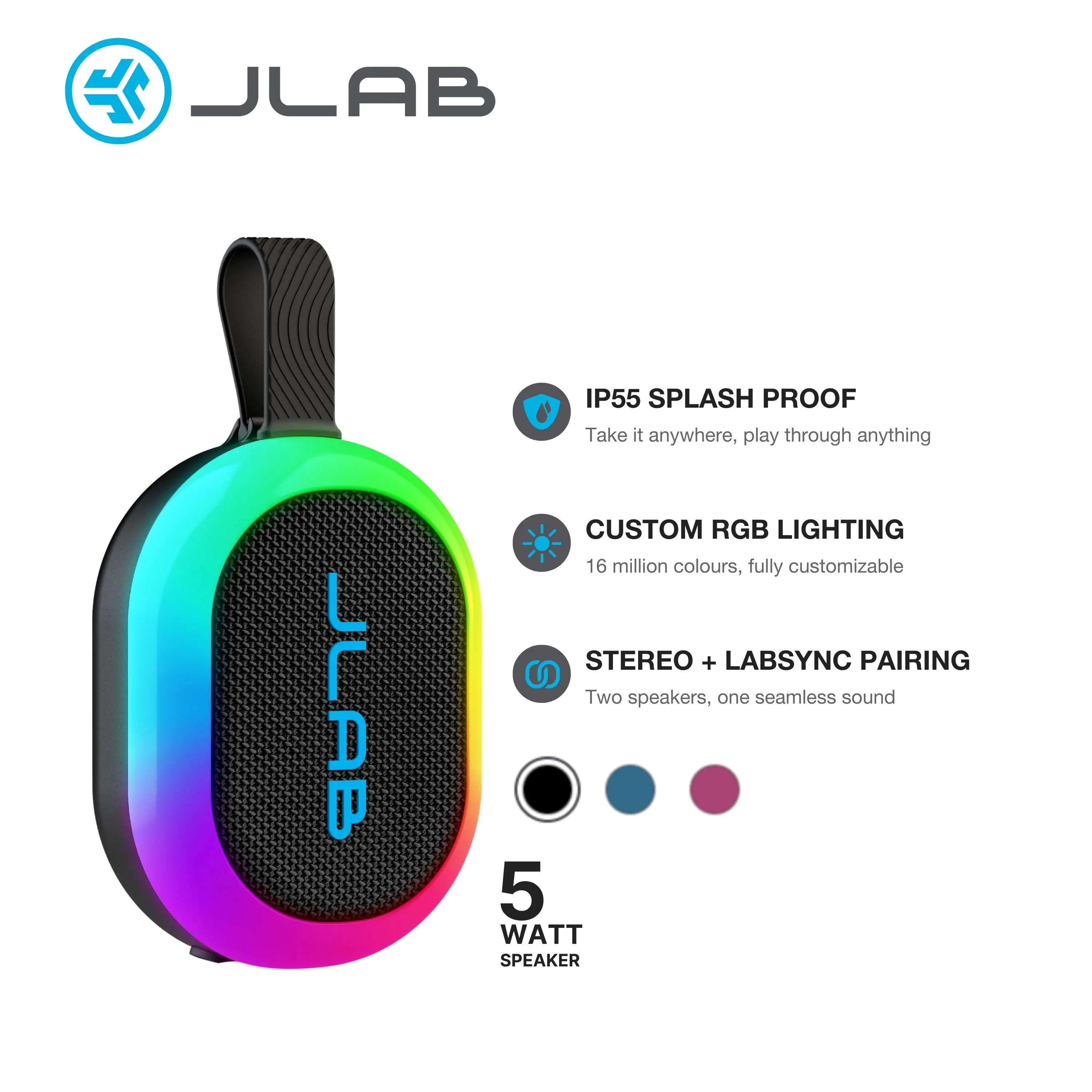 JLab Pop Party Ultra-Portable Bluetooth Speaker 5W Driver 8+ Hours Playtime RGB Lighting IPX5 Splashproof Audio & USB-C Charging with Detachable Loop Handle
