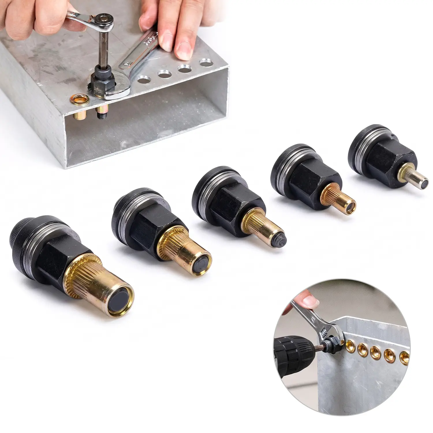 Hand Rivet Nut Tool Combination M3 M4 M5 M6 M8 Rivnut Kit, Carbon Steel Rivnut Set, Threaded Rivet Nut Kit, Manual Riveter Rivnuts Tool Accessory for Automotive Repair Warehouses, Marine and Industrial Applications