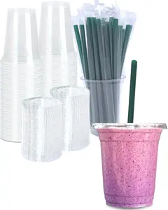 12 oz Clear Plastic Cups with Lids and STRAWS, Disposable Drinking Cups for Cold Drinks, Iced Coffee, Milkshakes, Smoothies, 25 Sets Party Supplies Pack
