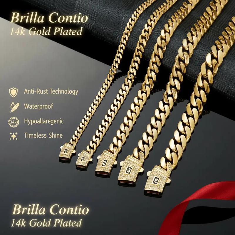 technology anti-rust new Brilla Contio Jewelers 14K Gold-Plated Cuban  new anti-rust technology Bracelet & Necklace Set Waterproof Fade-Proof Hypoallergenic 6-14mm Sizes Timeless Shine for Every Look Valentine's Day gift