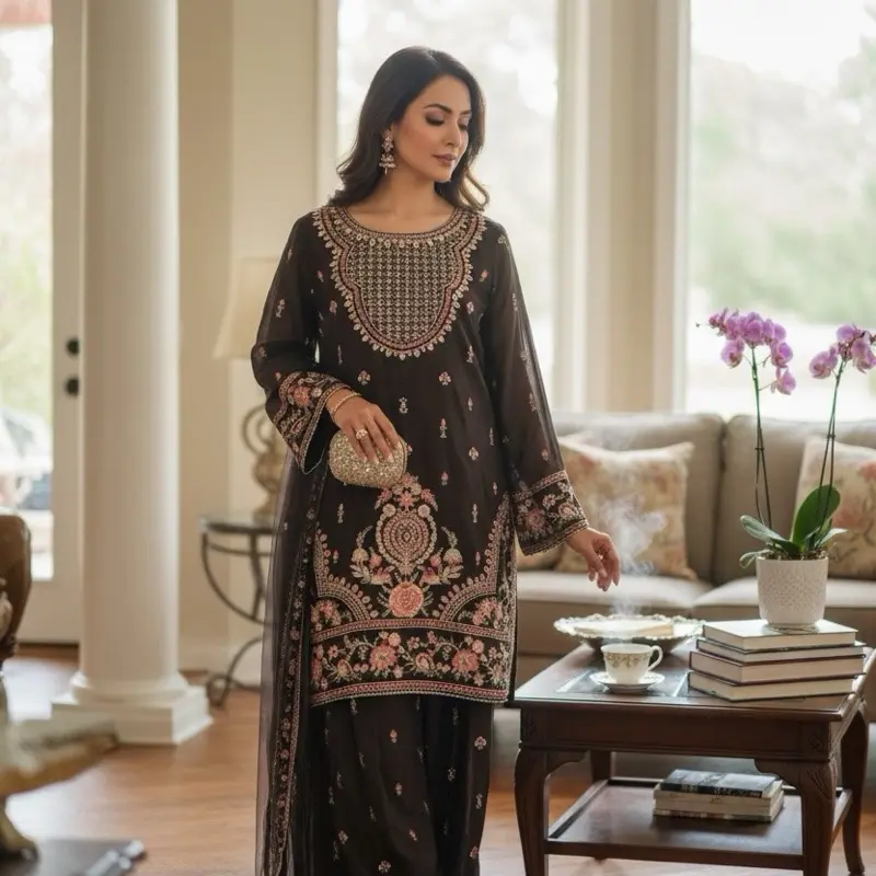 Women's Black Silk Formal Kamiz Outfit - Short Formal Party Clothes with Multicolor Sequin Embroidery, Patiala Pants, All-Over Sequined Fabric, Net Dupatta