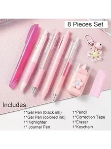 7 Pcs Cute Purple Stationery Set Kawaii School Supplies Office Kit, Including Ballpoint Pen, Pencil, Highlighter, Correction Tape, Ruler, Utility Knife