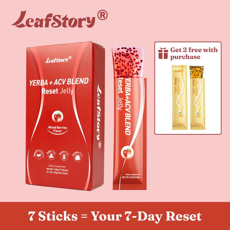 【Only 9.9】LeafStory Yerba + Apple Vinegar Reset Jelly（7 Sticks) : Mixed Berry Flavor, Support Digestion, Gut Health, and Metabolism, Debloat, Natural Ingredients , Sugar-Free, Gluten-Free, Non-GMO, Gelatin-Free-S1