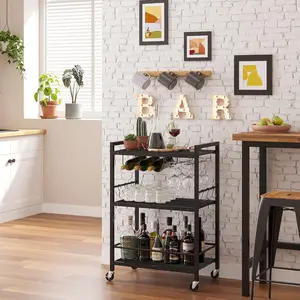Bar Cart-Home Service Cart-Microwave Oven Cart, Beverage Cart, Mobile Glass Holder with Wine Rack and Kitchen Rack, Rolling Beverage Cart Bc01bk030