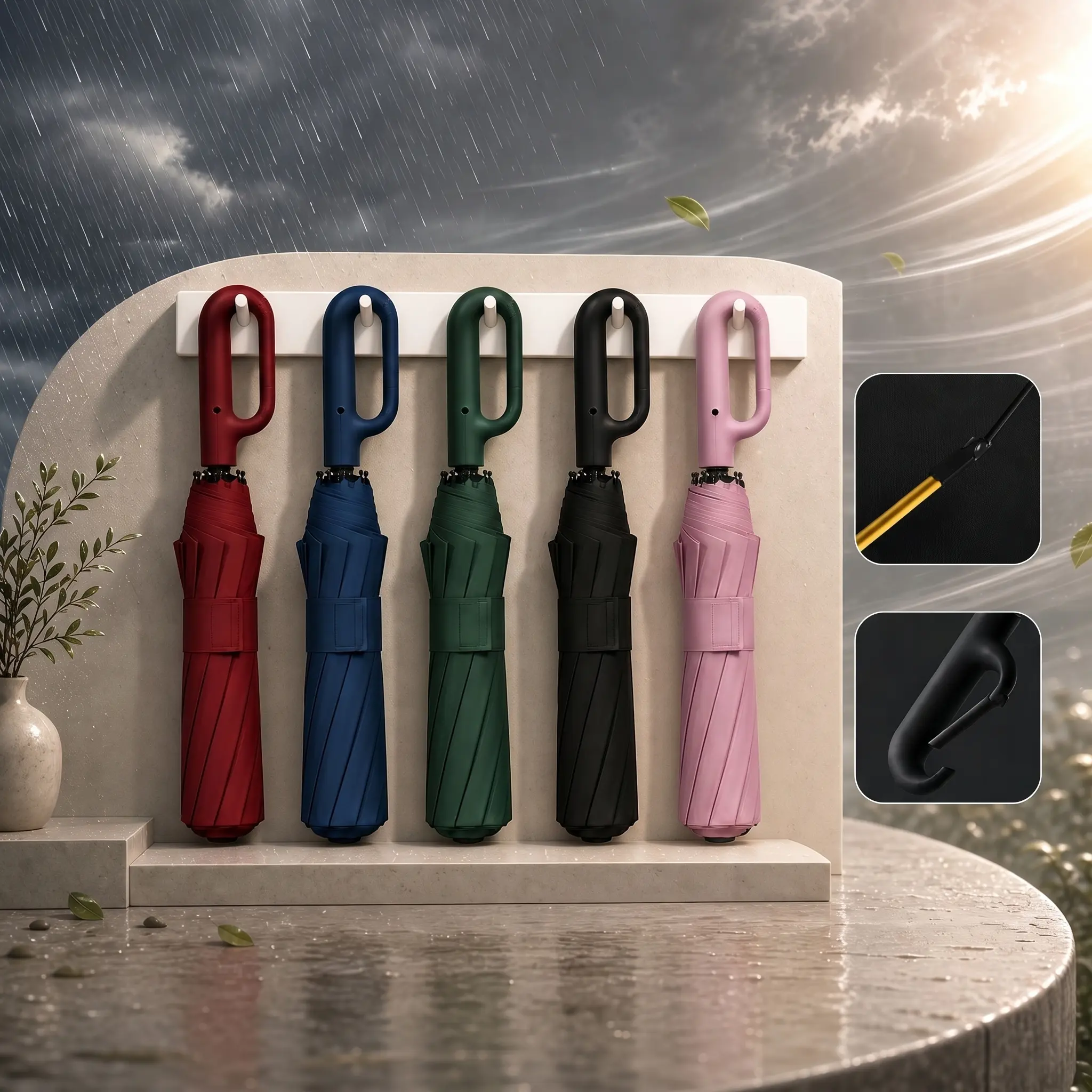 Automatic Open & Close Folding Umbrella with Double Choice, Hanging Ring Handle, Waterproof, Windproof, Sun Protection, Lightweight Portable Umbrella for Men & Women