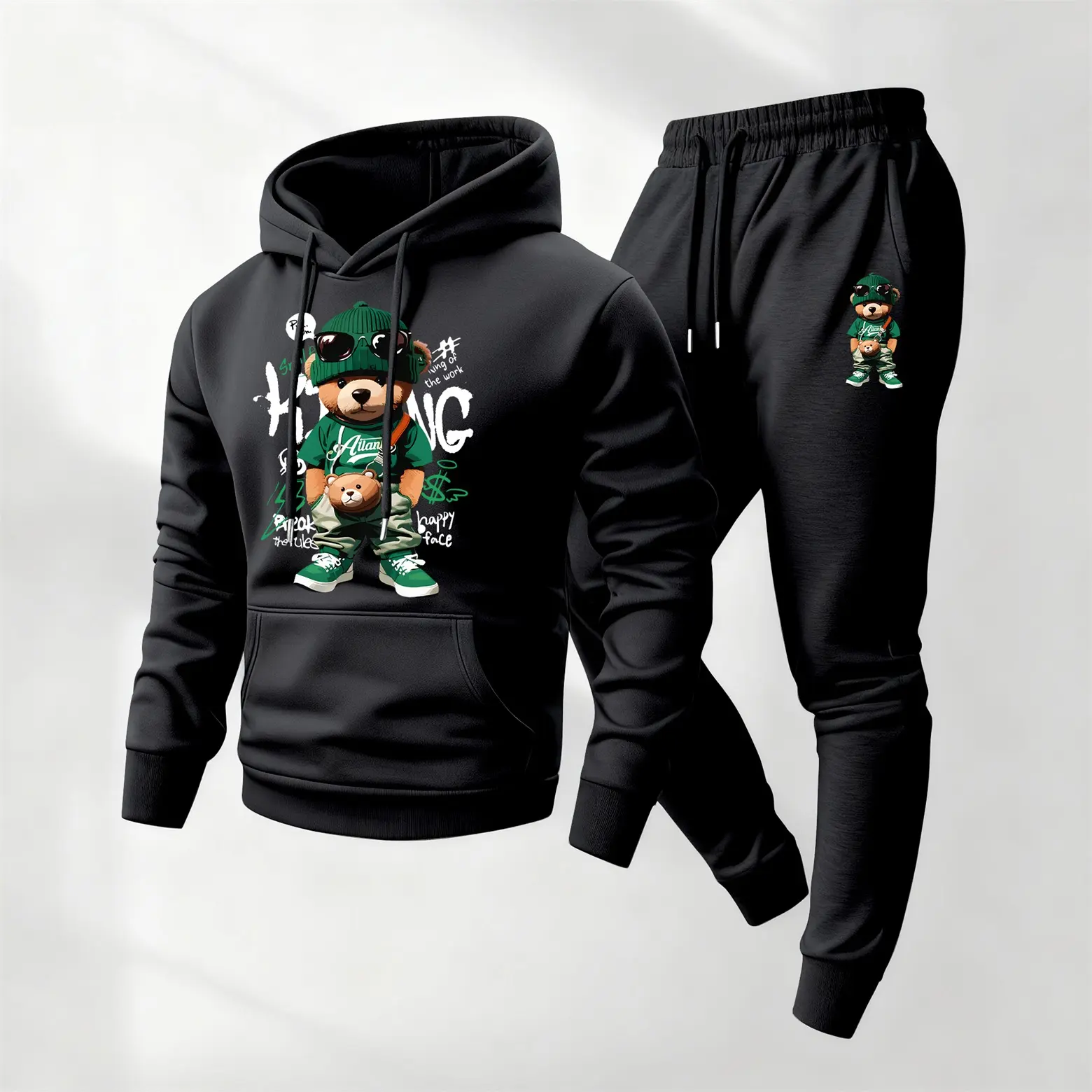 Men's 2-Piece Bear Graphic Hoodie & Drawstring Sweatpants Set - Polyester Fabric Longsleeves Casual Athletic Tracksuit for Fall Winter Daily Indoor Outdoor Wear (Menswear Clothing Sets)