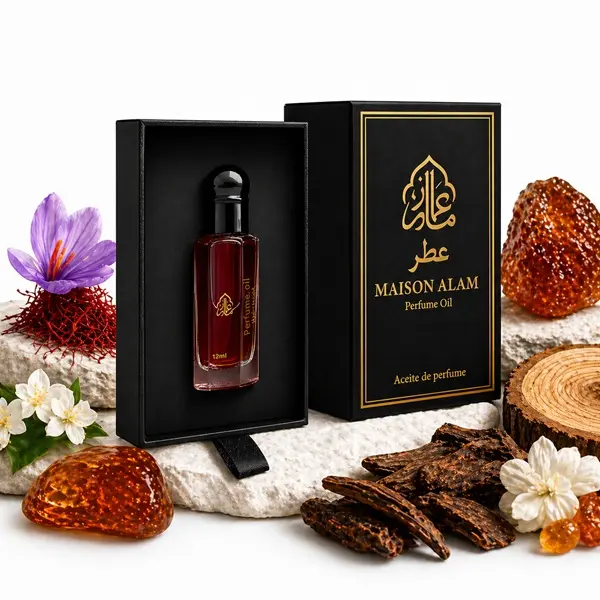 AJO Merchandise Intense Amber Roll On Perfume Oil, Alcohol-Free Long Lasting Fragrance for Men & Women, Saffron Jasmine Amber Woody Notes, Unisex Attar with Roll-On and Dab Stick, 12ml (0.40 oz)