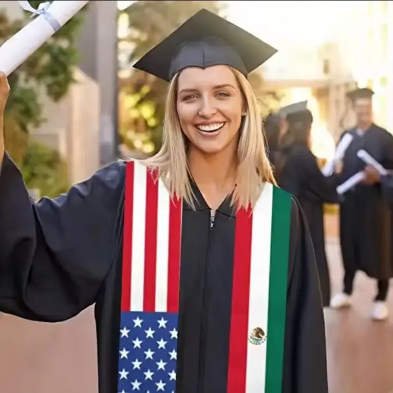 Women's Dual-Flags Graduation Stole Sash, Polyester Clothes for International Graduation Achievement