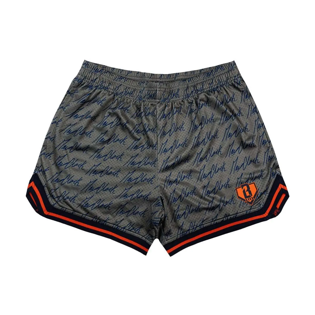 Men’s Gray Signature Print Mesh Shorts, Retro Graphic Athletic Bottoms, Lightweight Casual Summer Streetwear