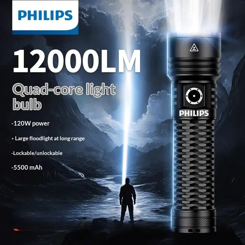 Philips LED Rechargeable High Power Flashlight - High Lumen, Adjustable Waterproof, 12000LM Quad-Core LED Lights, 5 Modes, 5500mAh Cells, Batteries Packed Separately for Outdoor Camping Emergency, High Lumen Flashlight, Adjustable Waterproof Flashlight