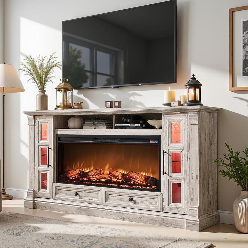 OKD 70" Wall-Mounted Rustic TV Stand – 42" Electric Fireplace, 2 Glass Cabinets & 2 Drawers, Open Shelves, Farmhouse Entertainment Center / Media Console for Living Room