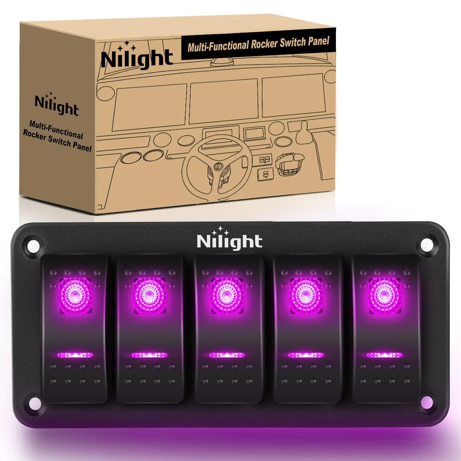 Nilight 5-Gang Aluminum Rocker Switch Panel - 5-Pin SPST Design, Premium Purple LED, Pre-Wired Waterproof Toggle, Superior ABS+PC Material, 12V/24V for Car, Motorcycle, ATV, Yacht, Ship, Panel Mount, DIY Sticker Compatible, Boat
