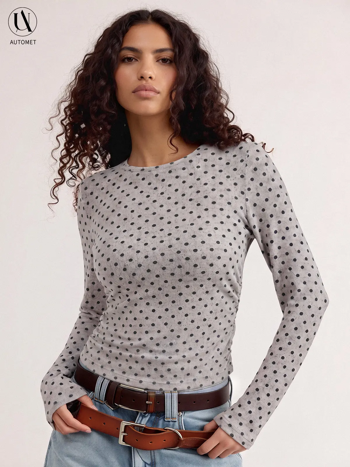 AUTOMET Women's Polka Dot Print Long Sleeve Slim Fit Blouse - High Stretch, Buttery-Soft, Y2K Street Look, Gym to Club Staple, Pairs with Cargo Pants or Jeans, Basic Long Sleeve Shirt, Blouses