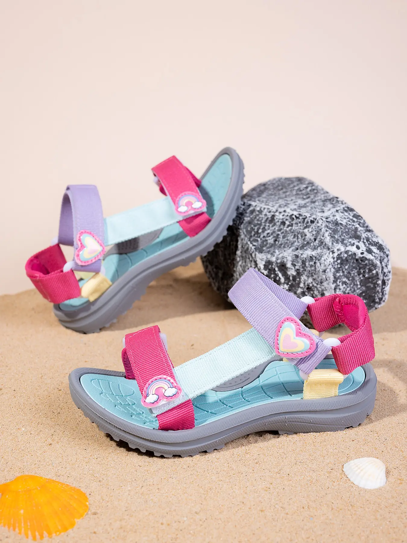 Girls' Colorblock Adjustable Strap Sandals, Spring Summer Beach Shoes, Sporty Style Eva Sole, Textile Upper, Rainbow Drop Design, Cute Outdoor Footwear, Little Girl Sandals, Kid Sandals