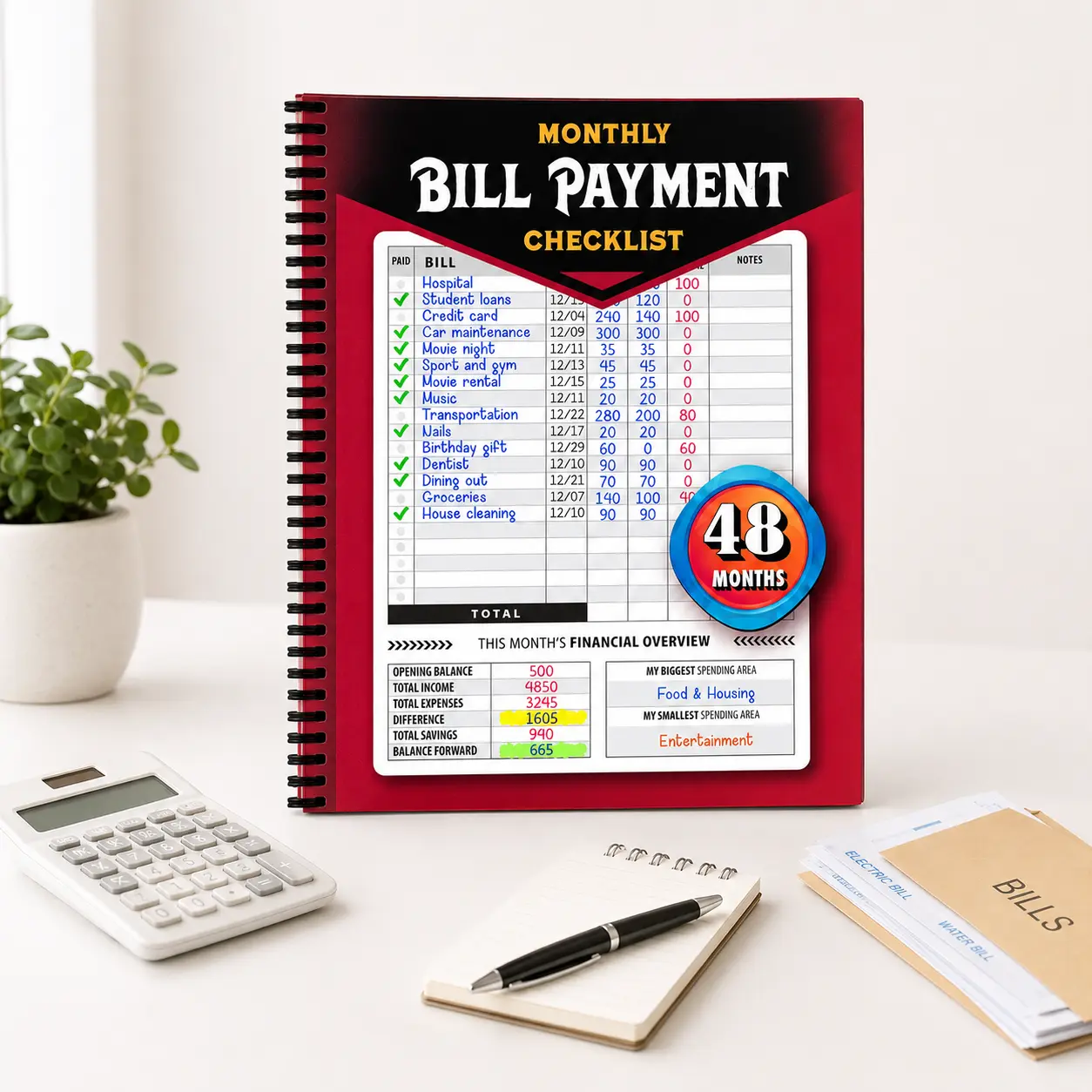 Durable Bound Bill Payment Plan Log Book - 960 Pages Paperback Accounting Notebook, 48-Month Long-Term Tracker, Printed Layouts, Simple Format for Monthly Income-Expense Sorting & Debt Repayment Planning