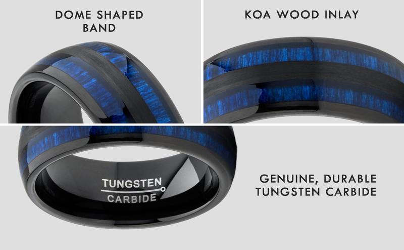 Men's Tungsten Carbide Ring Dome Real Blue Wood Inlay Wedding Band 8MM