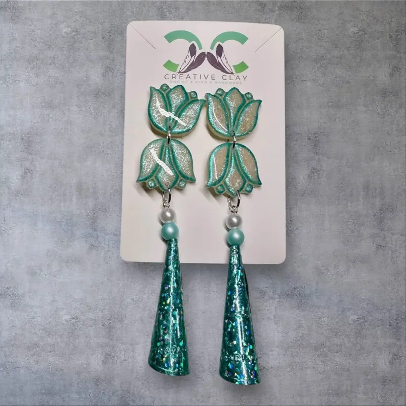 White/Metallic Teal + Shimmer 2-Tier Mini Tulip (Pearl/teal) with Jingle Earrings | Handmade Polymer Clay | Sterling Silver Posts | Southwest-Inspired Statement Jewelry