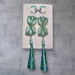 White/Metallic Teal + Shimmer 2-Tier Mini Tulip (Pearl/teal) with Jingle Earrings | Handmade Polymer Clay | Sterling Silver Posts | Southwest-Inspired Statement Jewelry