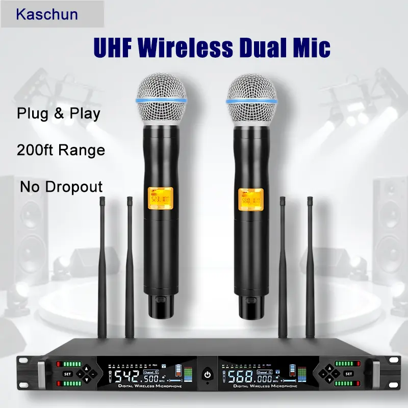 Kaschun 39D Professional Wireless Audio Microphone System - Dual Mics Set (2 Handheld Mics), Ideal for Karaoke, Weddings, Church Parties, Conferences, Indoor & Outdoor Settings, Indoor And Outdoor Settings, Metal