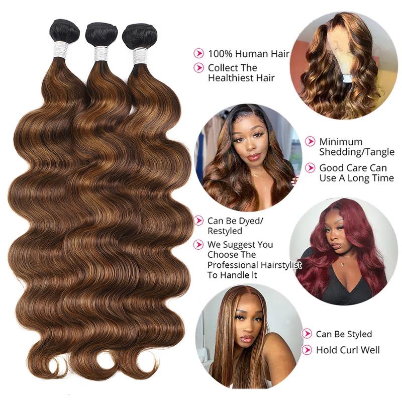 Ombre Brown Highlight Body Wave Human Hair Weave Sew in 1 3 4 Bundles Brazilian Remy Hair Dark Root Blonde Human Hair Weaves Extension Piano Color