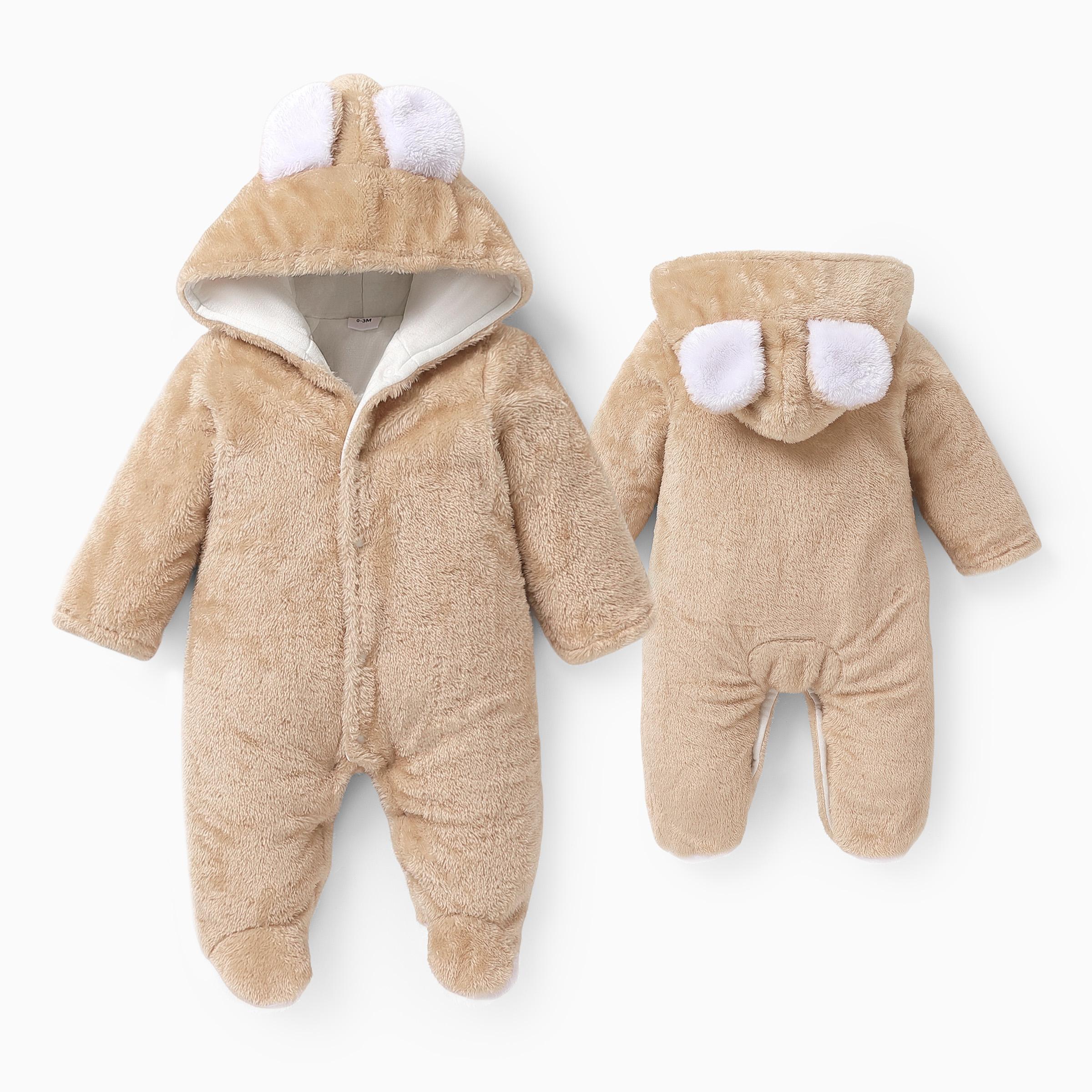 PatPat Baby Boy/Girl Bear Style 3D Ears Hooded Solid Plush Footed Jumpsuit: Soft & Cute for Winter, All-day Snuggle, Keeping Warm & Stylish