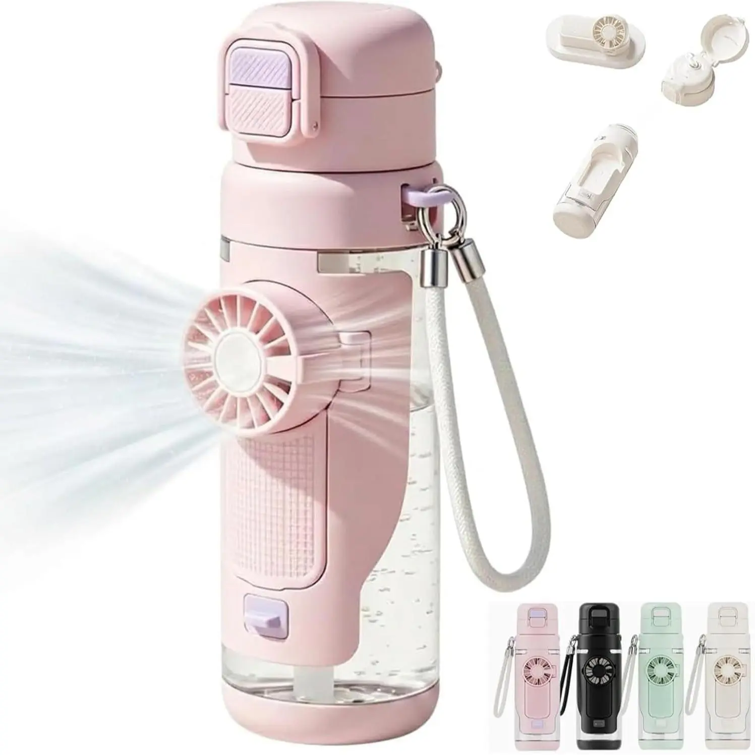Rechargeable Portable Cooling Fan Drinkware Flask - 690ml/23oz Leakproof Water Bottle, USB-C, Flip Top Cap, 3-Speed Adjustable Foldable Travel Bottled Drinkware, Reusable Tumbler for Hiking/Light Outdoor, Gym Use