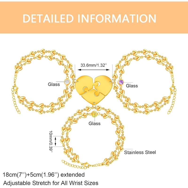 Uloveido Personalized 3 Pieces BFF Heart Puzzle Bracelets with 3 Gift Boxes – Custom Name Stainless Steel Matching Friendship Bracelets for 3 Best Friends