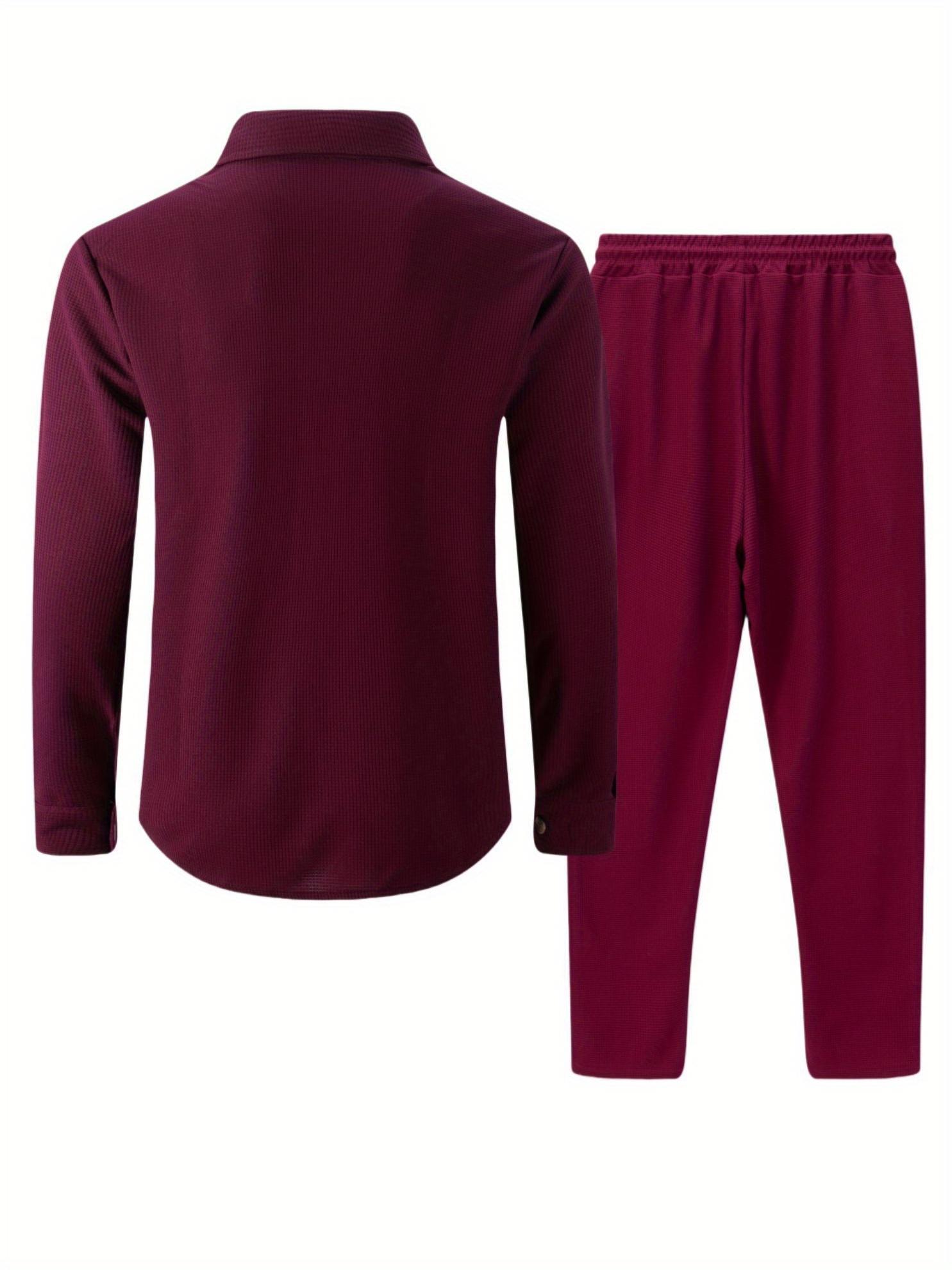 Autumn New Waffle Long Sleeved Pants Two-Piece Set Solid Color Double Pocket Button Up Cardigan Shirt Set for Men